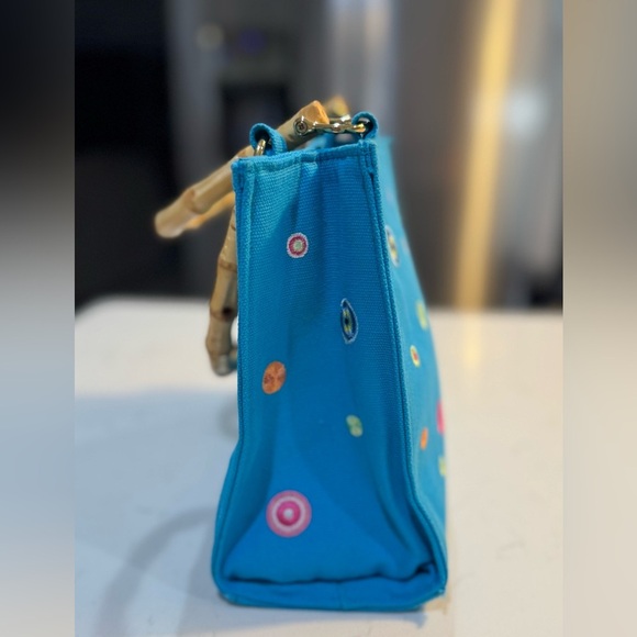 Tianni Bamboo Handle Vibrant Blue and Yellow Tote with Playful Design - Picture 5 of 10